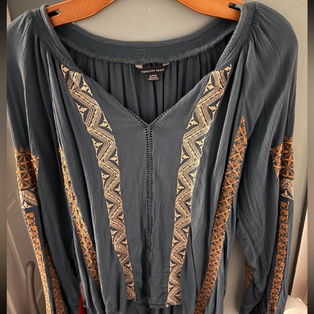 American Eagle Outfitters Blue Blouse with Gold Accents